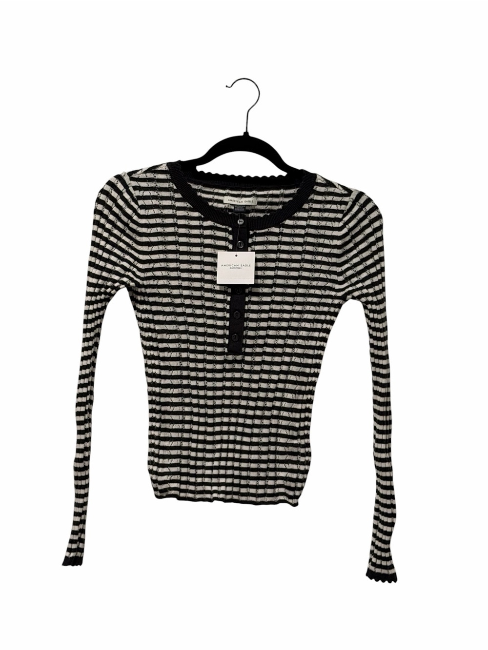 NWT American Eagle Pointelle Striped Black and White Henley Sweater Knit sz xs